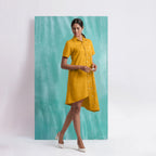 Yellow Mirror Work Cotton Flax Knee Length Asymmetrical Dress