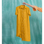Yellow Mirror Work Cotton Flax Knee Length Asymmetrical Dress