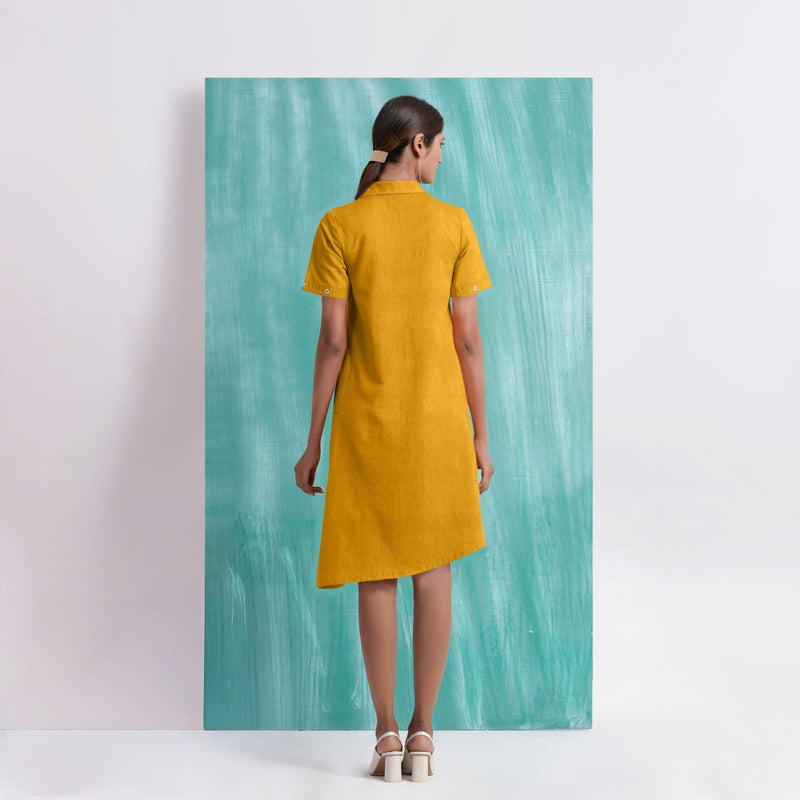 Yellow Mirror Work Cotton Flax Knee Length Asymmetrical Dress