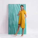 Yellow Mirror Work Cotton Flax Knee Length Asymmetrical Dress