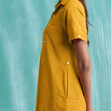 Yellow Mirror Work Cotton Flax Knee Length Asymmetrical Dress