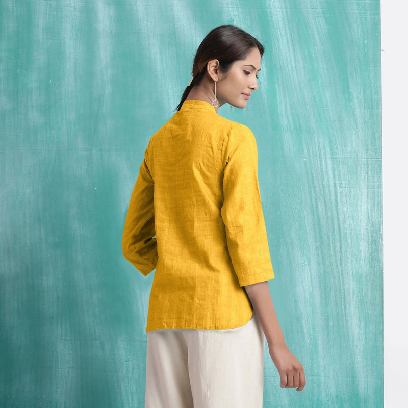Yellow Mirror Work Cotton Flax Mandarin Collar Top