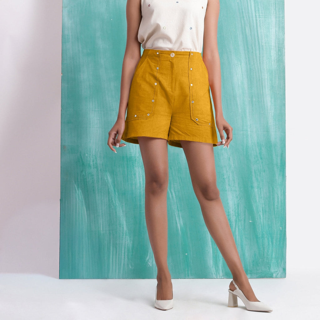 Yellow Mirror Work Cotton Flax Mid-Rise Elasticated Shorts
