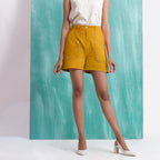 Yellow Mirror Work Cotton Flax Mid-Rise Elasticated Shorts