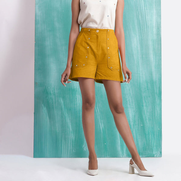 Yellow Mirror Work Cotton Flax Mid-Rise Elasticated Shorts