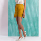 Yellow Mirror Work Cotton Flax Mid-Rise Elasticated Shorts