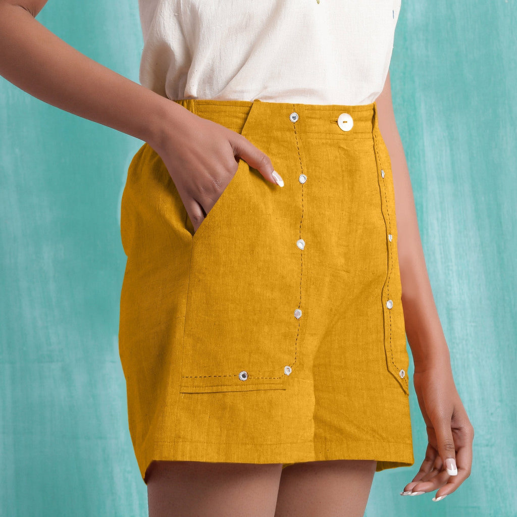 Yellow Mirror Work Cotton Flax Mid-Rise Elasticated Shorts