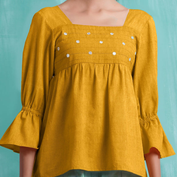 Yellow Mirror Work Cotton Flax Poet Sleeves Yoked Top