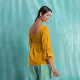 Yellow Mirror Work Cotton Flax Poet Sleeves Yoked Top
