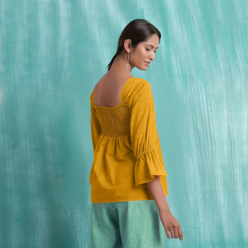 Yellow Mirror Work Cotton Flax Poet Sleeves Yoked Top