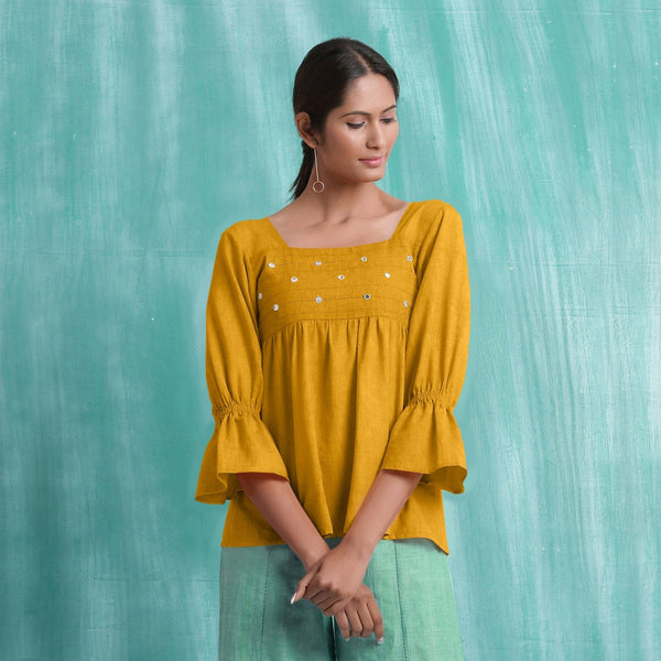 Yellow Mirror Work Cotton Flax Poet Sleeves Yoked Top