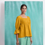 Yellow Mirror Work Cotton Flax Poet Sleeves Yoked Top