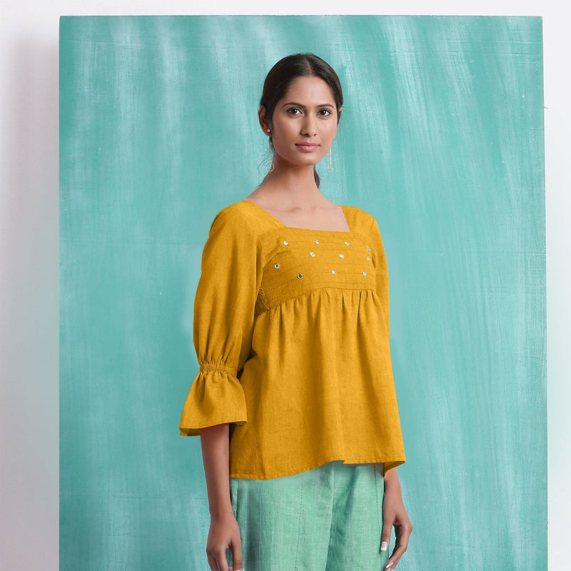 Yellow Mirror Work Cotton Flax Poet Sleeves Yoked Top