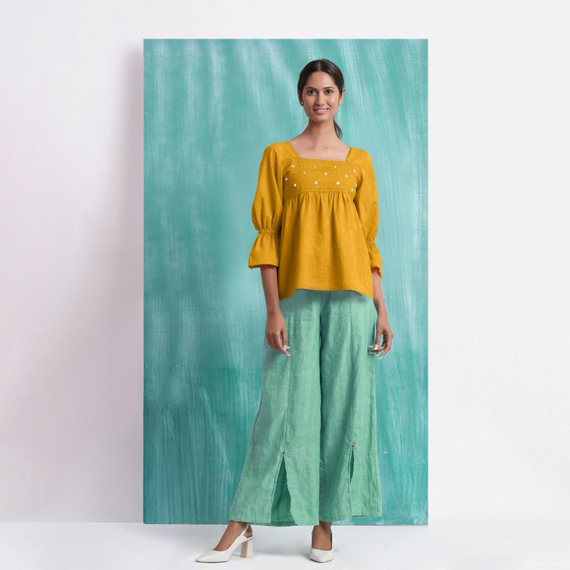 Yellow Mirror Work Cotton Flax Poet Sleeves Yoked Top
