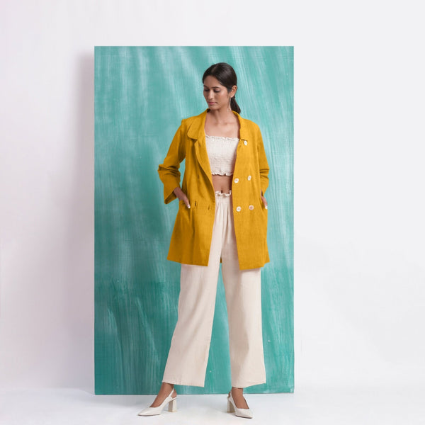 Yellow Cotton Flax Welt Pocket Coat