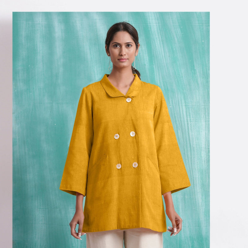 Yellow Cotton Flax Welt Pocket Coat