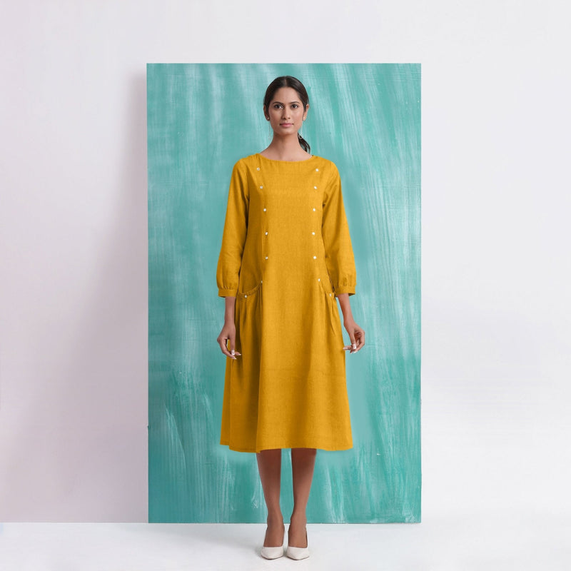 Yellow Mirror Work Embroidered Cotton Flax Paneled Midi Dress
