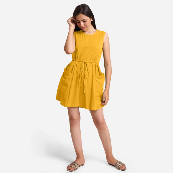 Front View of a Model wearing Yellow Patch Pocket Round Neck Dress