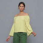 Front View of a Model wearing Yellow Pistachio Corduroy Bohemian Top