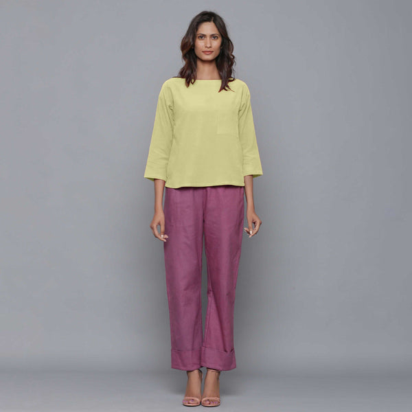 Front View of a Model wearing Yellow Pistachio Corduroy Drop Shoulder Top