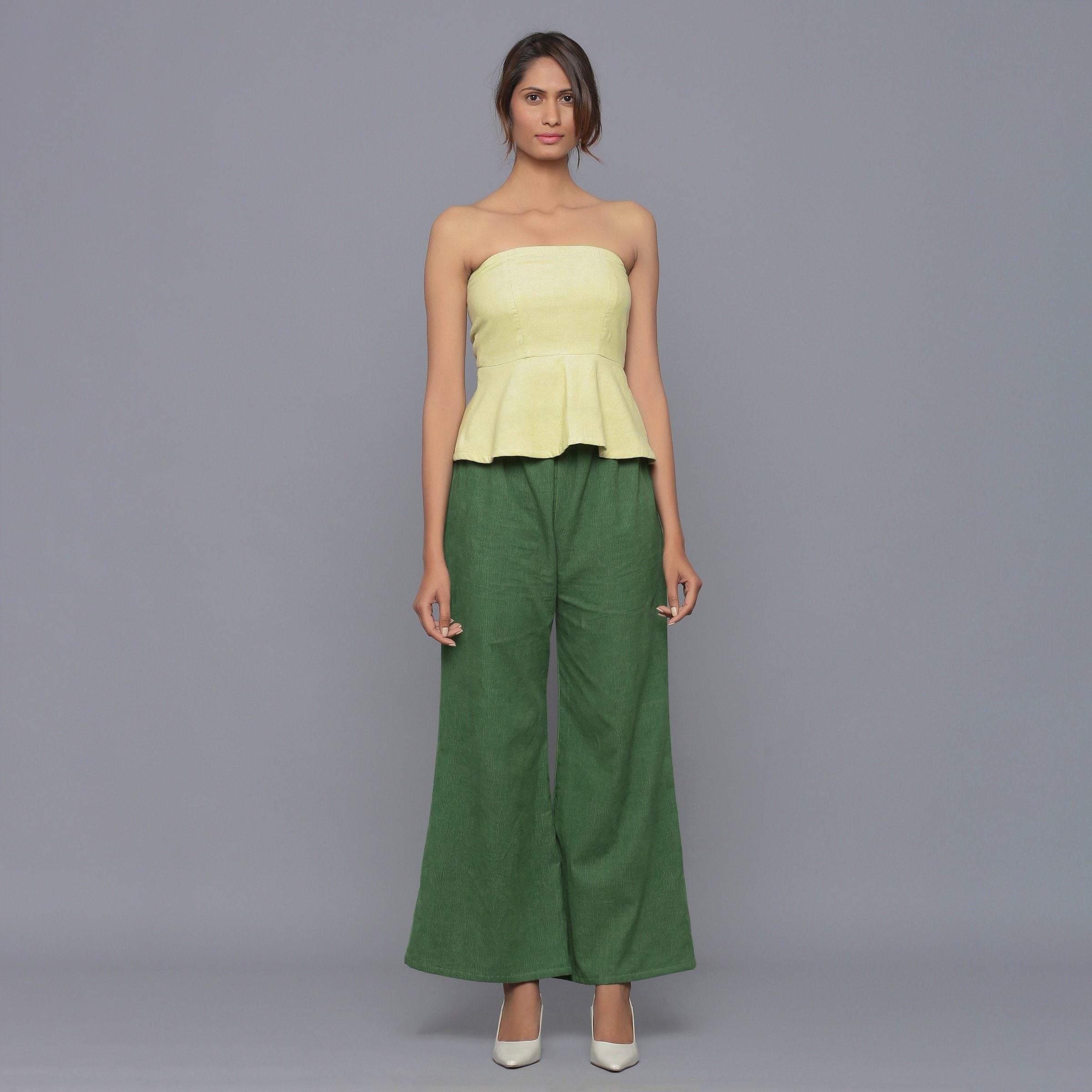 Front View of a Model wearing Yellow Pistachio Cotton Corduroy Tube Top
