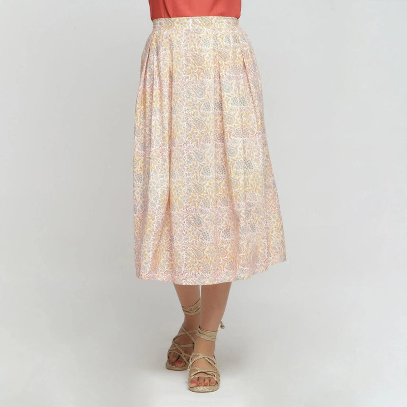 Front View of a Model wearing Sanganeri Pleated Block Printed Skirt