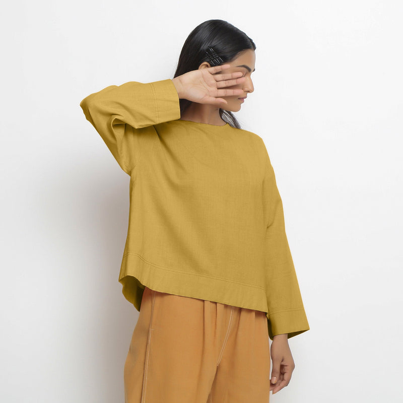 Front View of a Model wearing Yellow Vegetable-Dyed 100% Cotton Straight Top