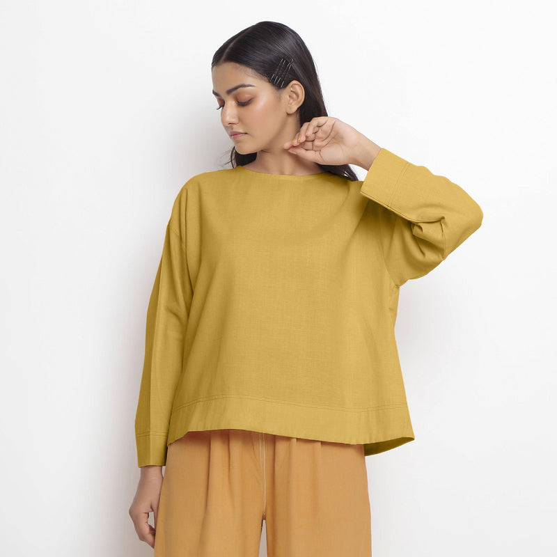 Front View of a Model wearing Yellow Vegetable-Dyed 100% Cotton Straight Top