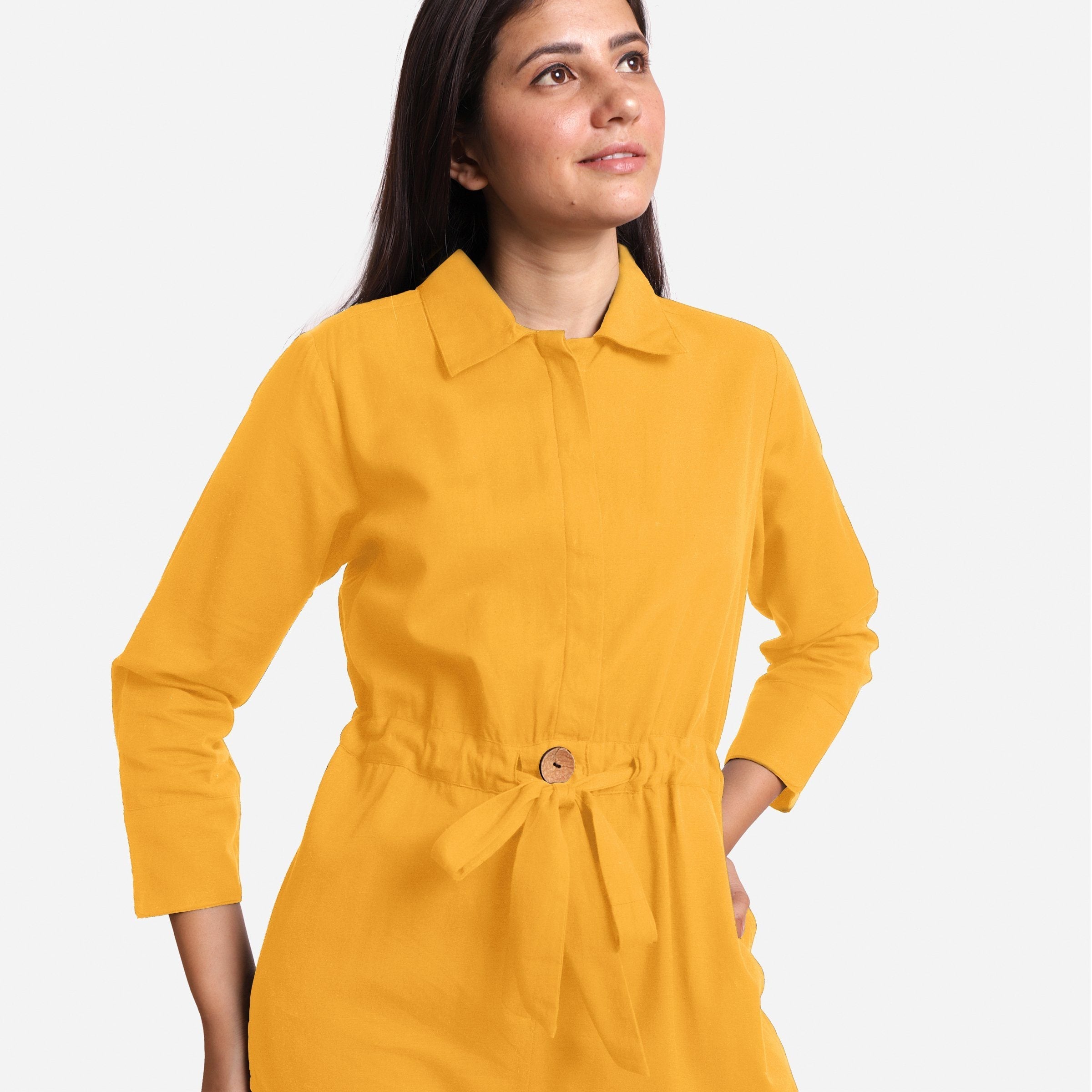 Front Detail of a Model wearing Yellow Wide Legged Cotton Overall