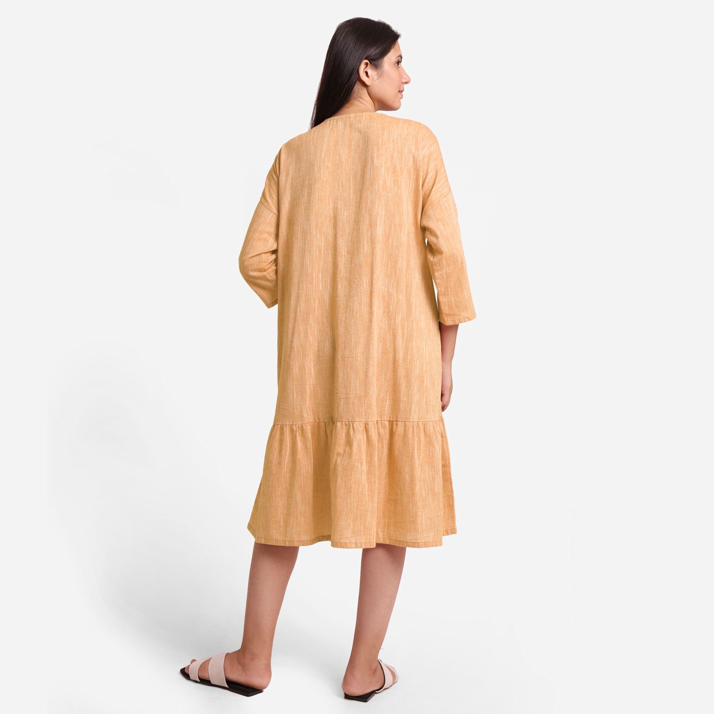 Back View of a Model wearing Yellow Yarn-Dyed 100% Cotton Tier Midi Dress