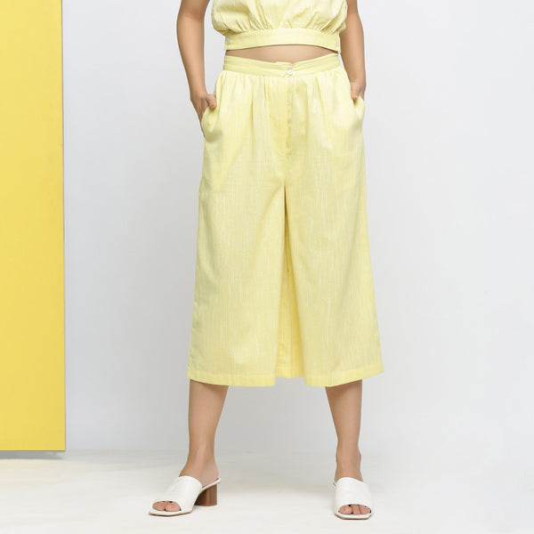 Front View of a Model wearing Light Yellow Yarn Dyed 100% Cotton Flared Culottes
