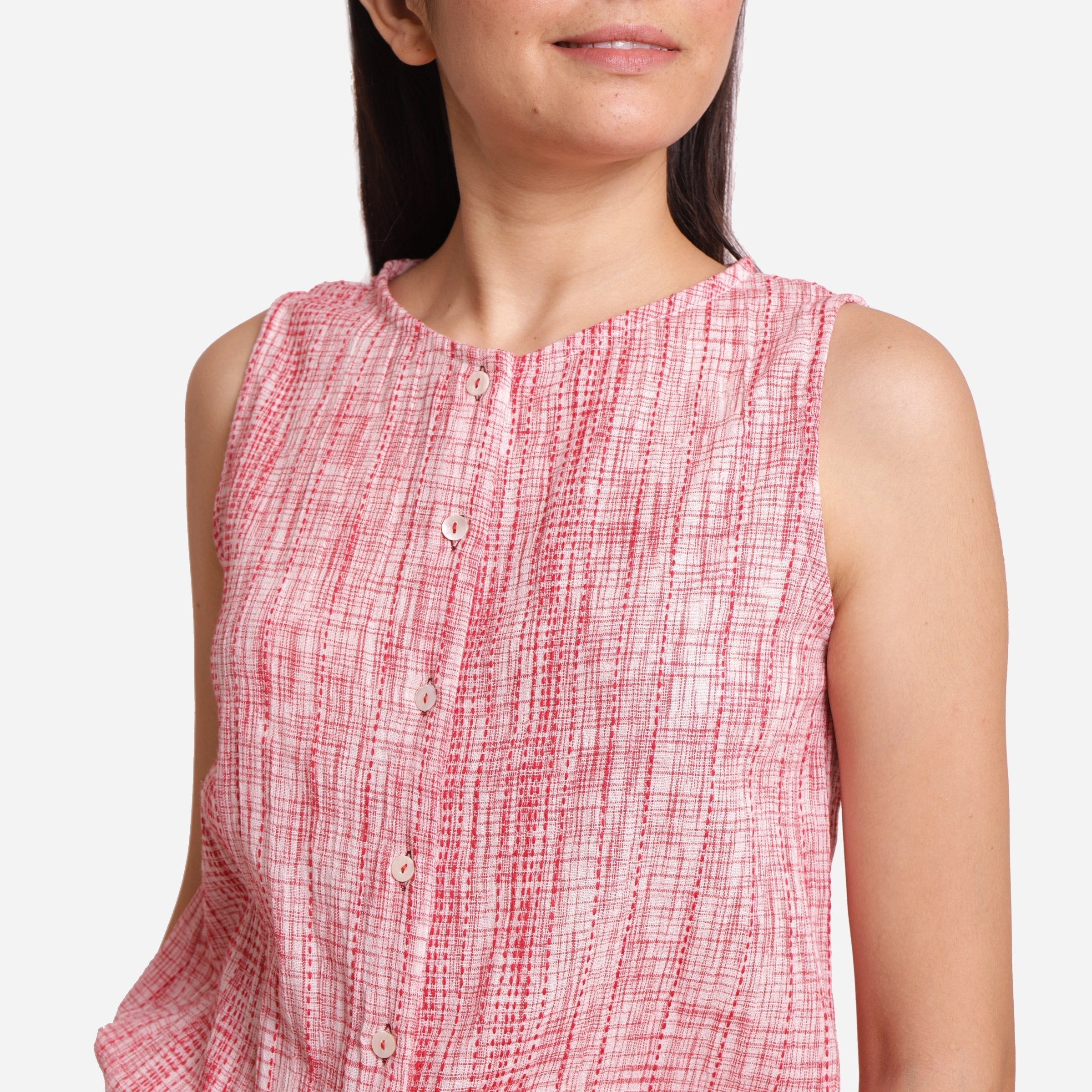 Front Detail of a Model wearing Red Crinkled Cotton Button-Down Top