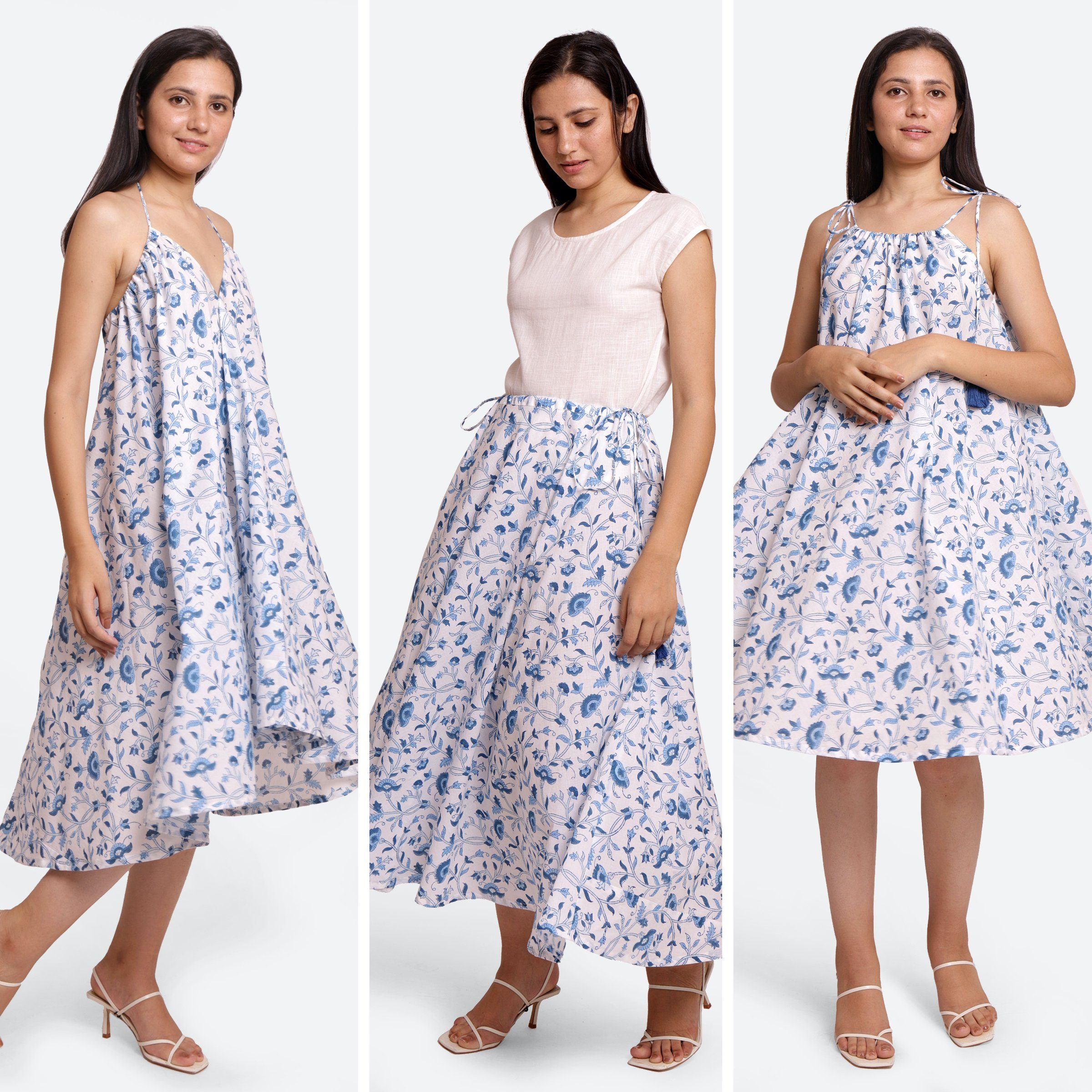 Front View of a Model wearing 3-Way Sanganeri Block Print Skirt Dress
