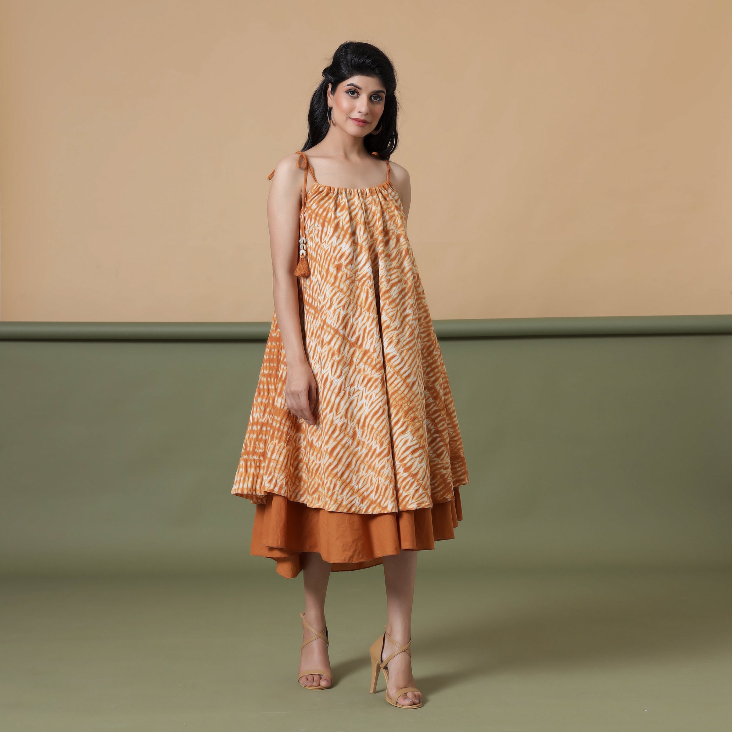 Front View of a Model wearing 6-Way Convertible Rust Sandstone Tie Dye Skirt Dress