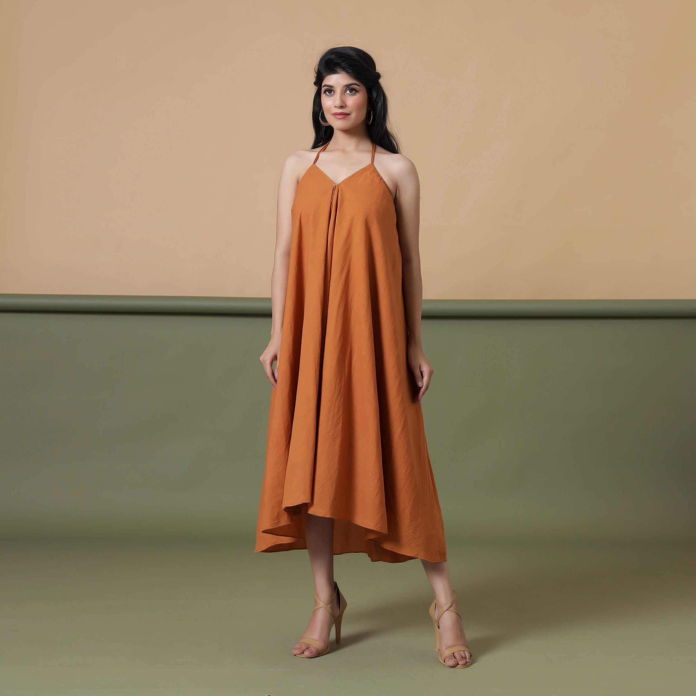 Front View of a Model wearing 6-Way Convertible Rust Sandstone Tie Dye Skirt Dress