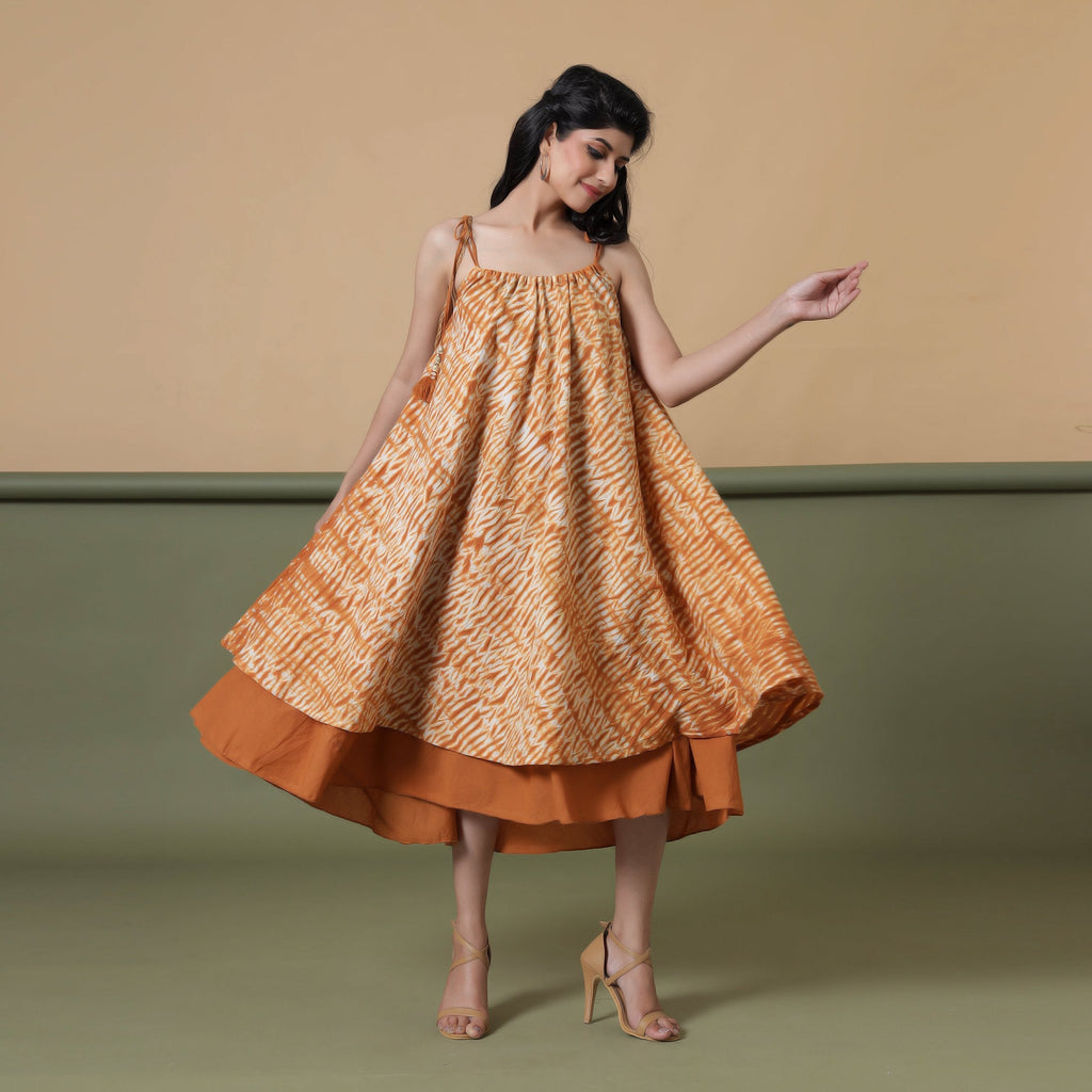 Front View of a Model wearing 6-Way Convertible Rust Sandstone Tie Dye Skirt Dress