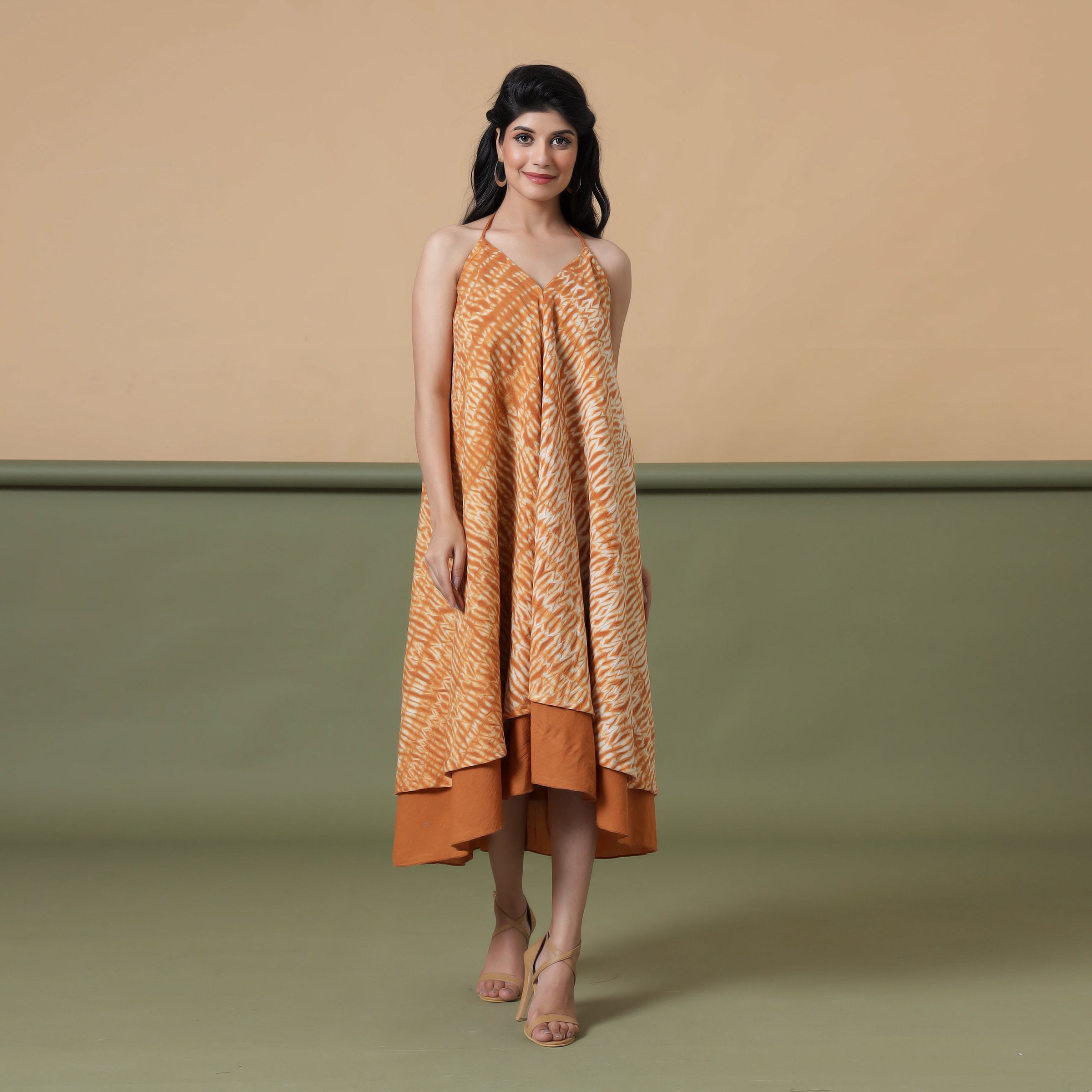 Front View of a Model wearing 6-Way Convertible Rust Sandstone Tie Dye Skirt Dress