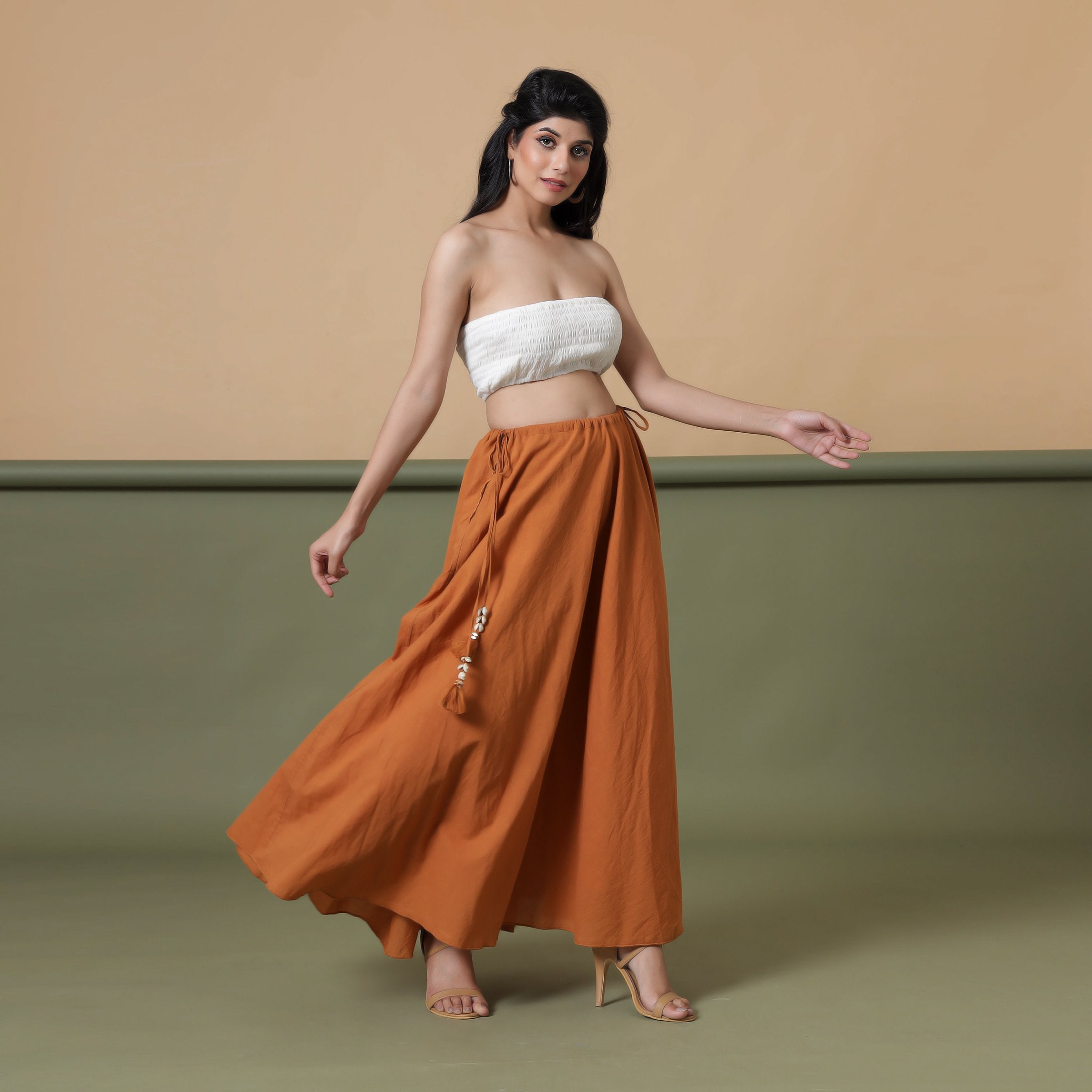 Right View of a Model wearing 6-Way Convertible Rust Sandstone Tie Dye Skirt Dress