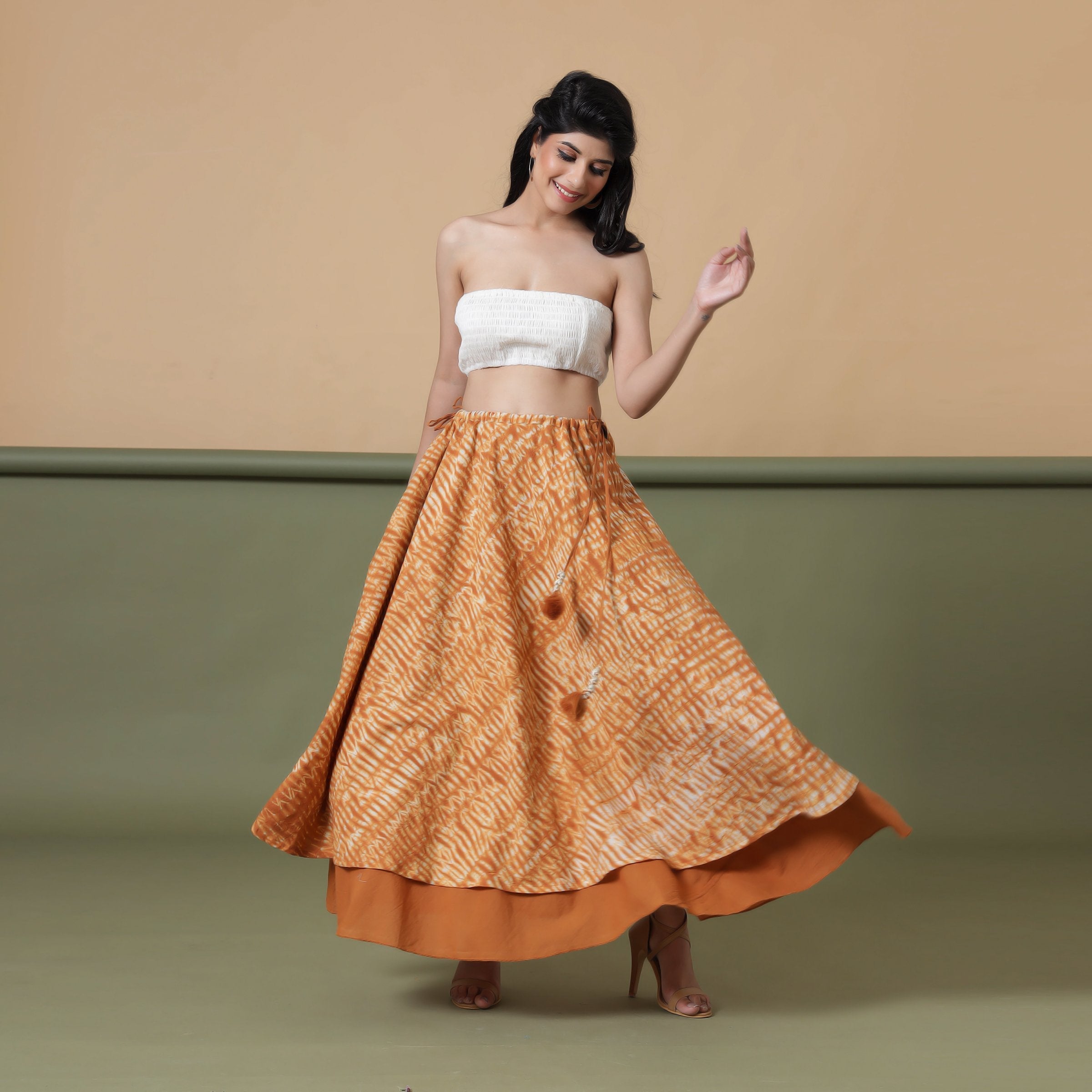 Front View of a Model wearing 6-Way Convertible Rust Sandstone Tie Dye Skirt Dress
