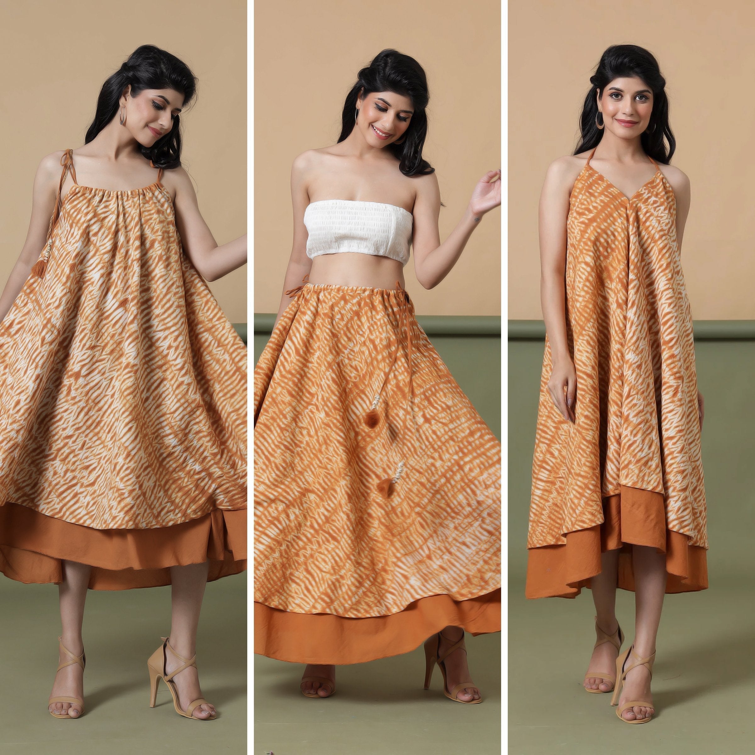 Front View of a Model wearing 6-Way Convertible Rust Sandstone Tie Dye Skirt Dress