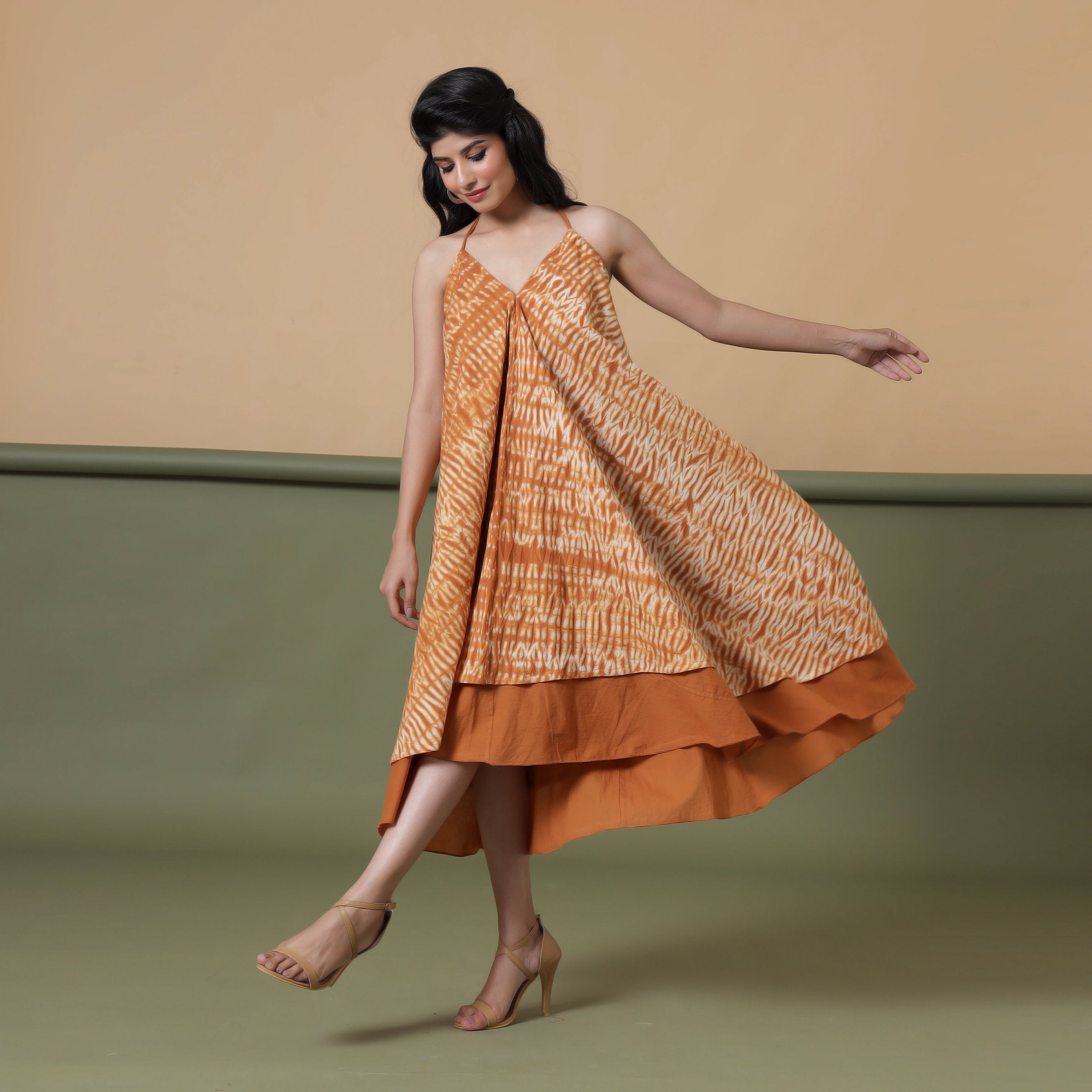 Front View of a Model wearing 6-Way Convertible Rust Sandstone Tie Dye Skirt Dress