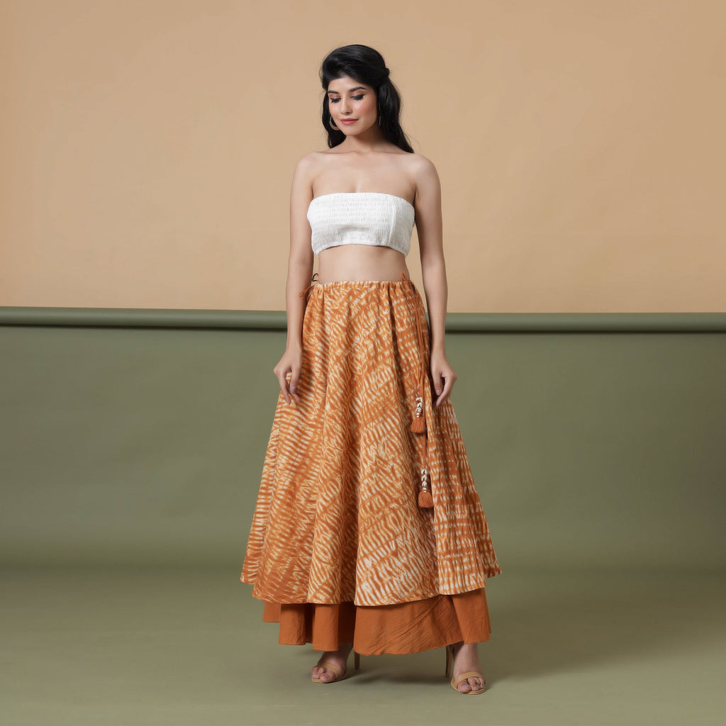 Front View of a Model wearing 6-Way Convertible Rust Sandstone Tie Dye Skirt Dress