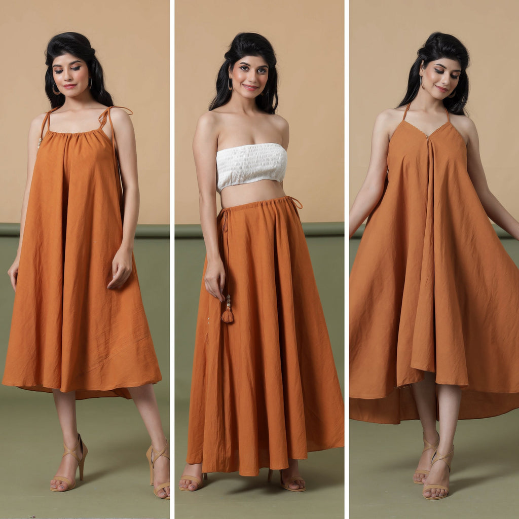 Front View of a Model wearing 6-Way Convertible Rust Sandstone Tie Dye Skirt Dress
