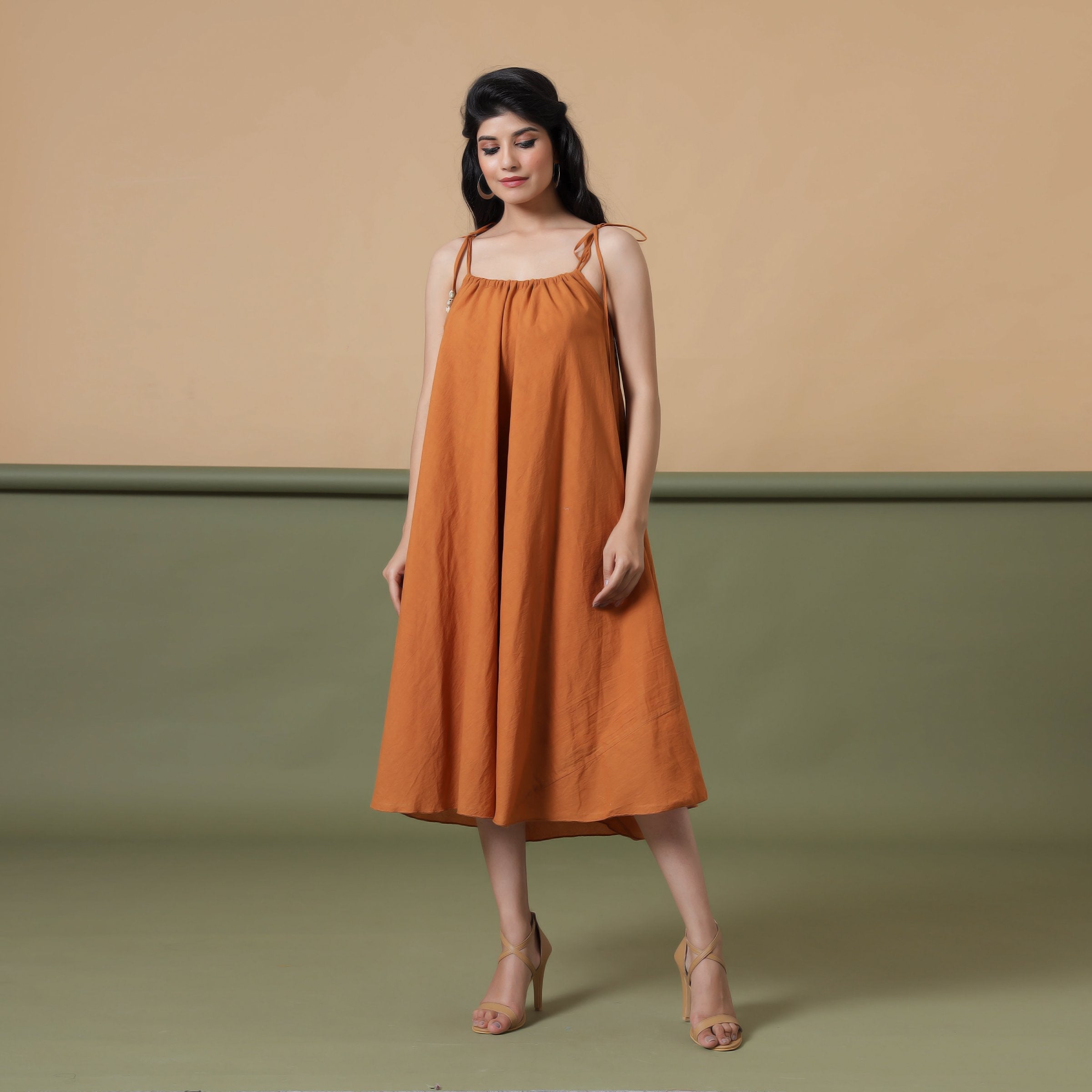 Front View of a Model wearing 6-Way Convertible Rust Sandstone Tie Dye Skirt Dress
