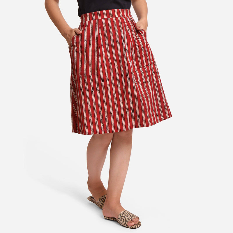 Front View of a Model wearing Hand Block Printed Cotton A-Line Skirt