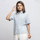 Front View of a Model wearing Sky Blue Yarn Dyed Button-Down Shirt