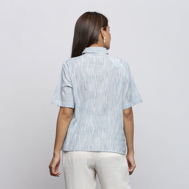 Back View of a Model wearing Sky Blue Yarn Dyed Button-Down Shirt