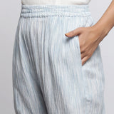 Left Detail of a Model wearing Yarn Dyed Wide Legged Straight Pant