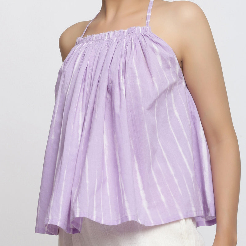 Front Detail of a Model wearing Lavender Tie Dye Strappy Camisole Top