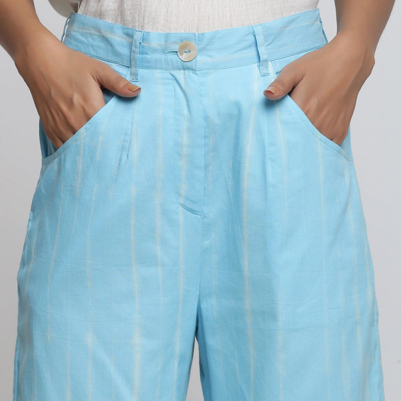 Front Detail of a Model wearing Breezy Blue Tie Dye Wide-Legged Pant
